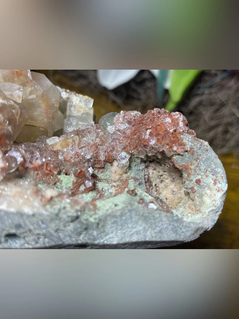 Green Apophyllite With Red Vanadinite On Matrix